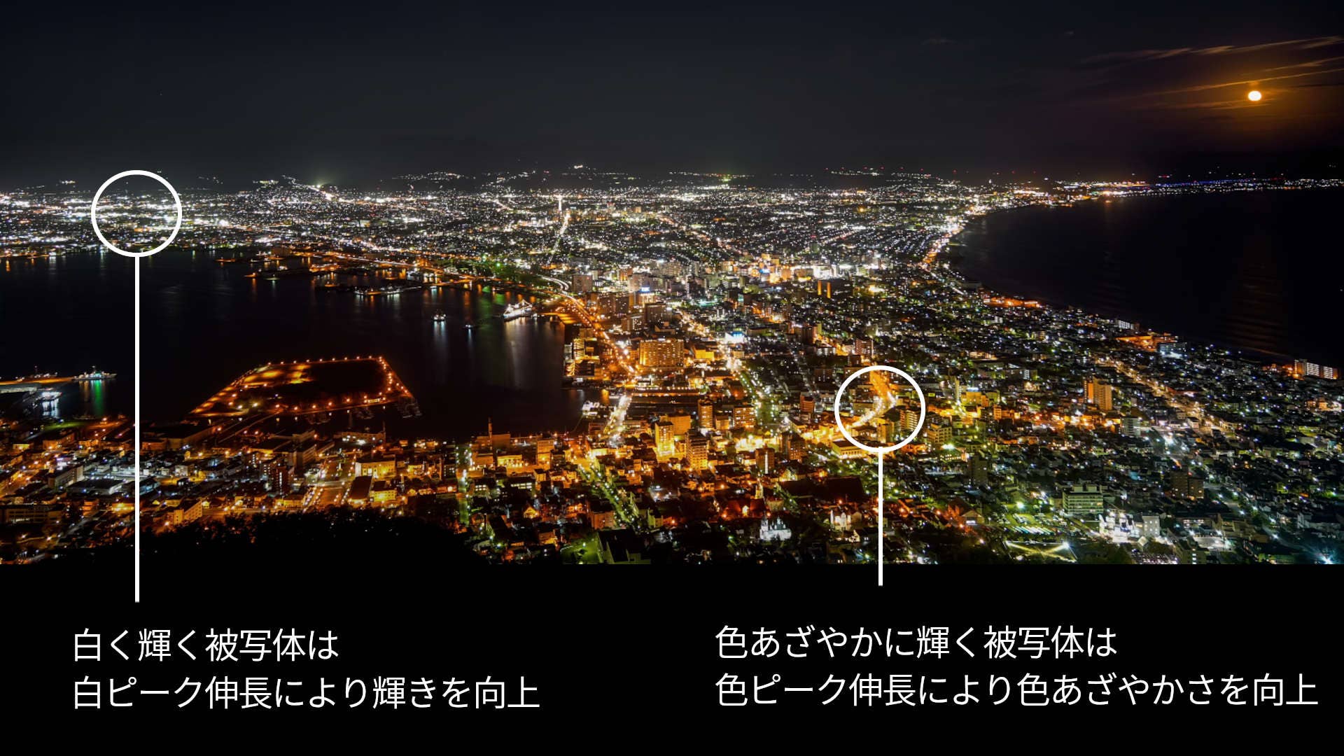 白く輝く被写体は 白ピーク伸長により 輝きを向上。色あざやかに輝く被写体は 色ピーク伸長により 色あざやかさを向上。レグザ